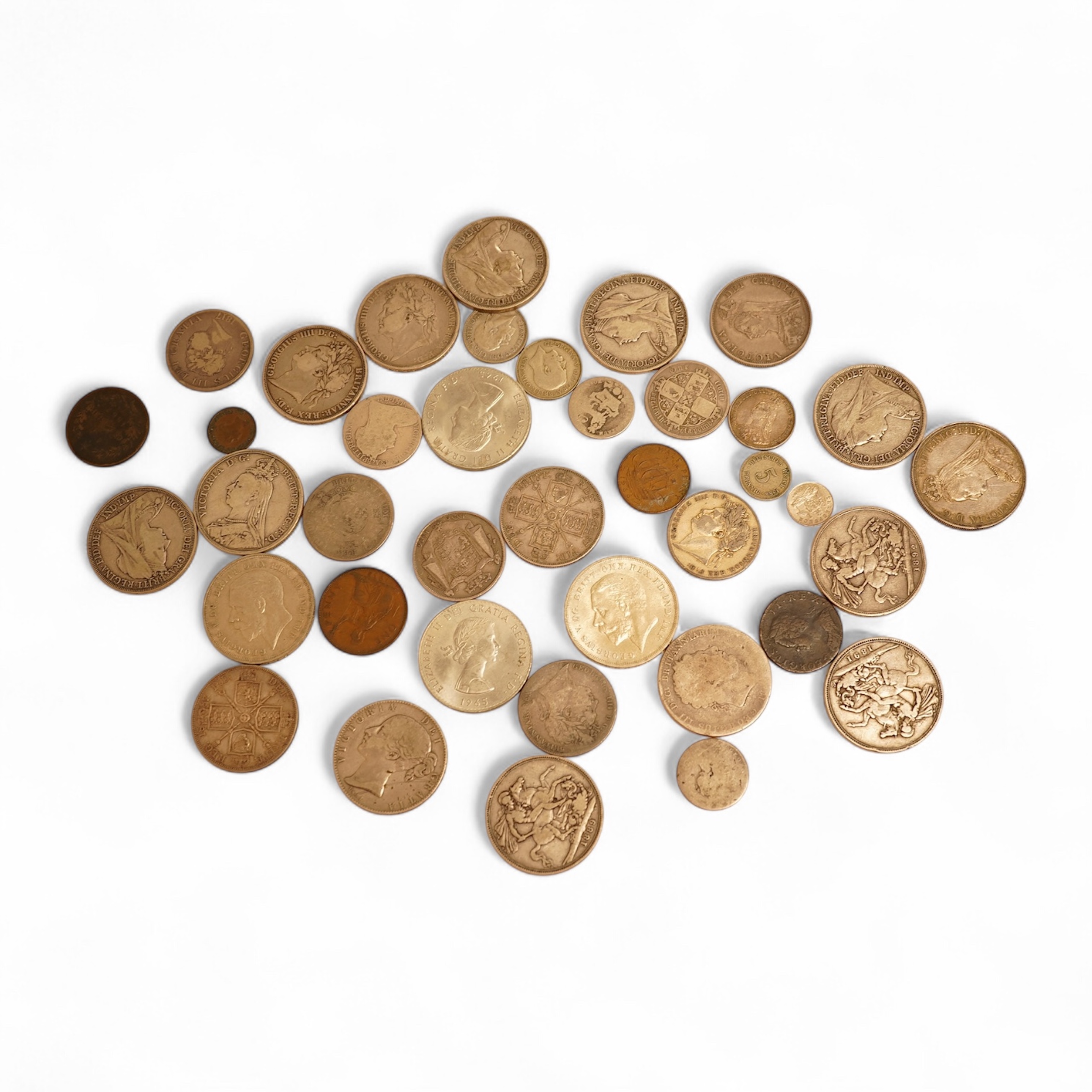 British coins, including silver crowns, George III, Victoria, George V, Victoria double florins, etc.